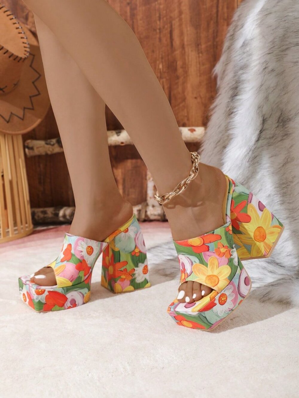 Bohemian Women's floral High Heel Platform Slide Sandals - Picture 2 of 2